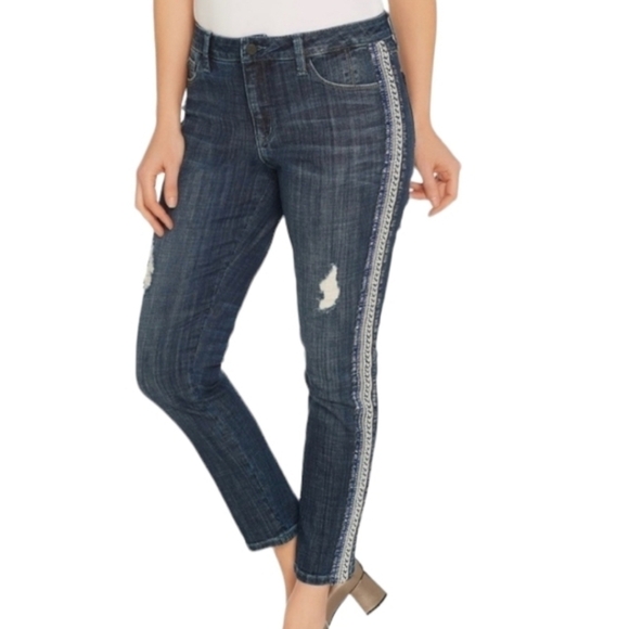 Laurie Felt Classic Girlfriend Jeans Size 6 Stretch Denim Embellished Stripe EUC - Picture 1 of 16